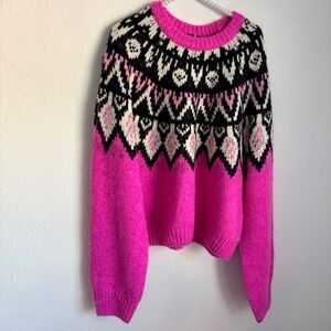 AQUA Women's Fair Isle Knit Sweater Bright Pink Black White XL
